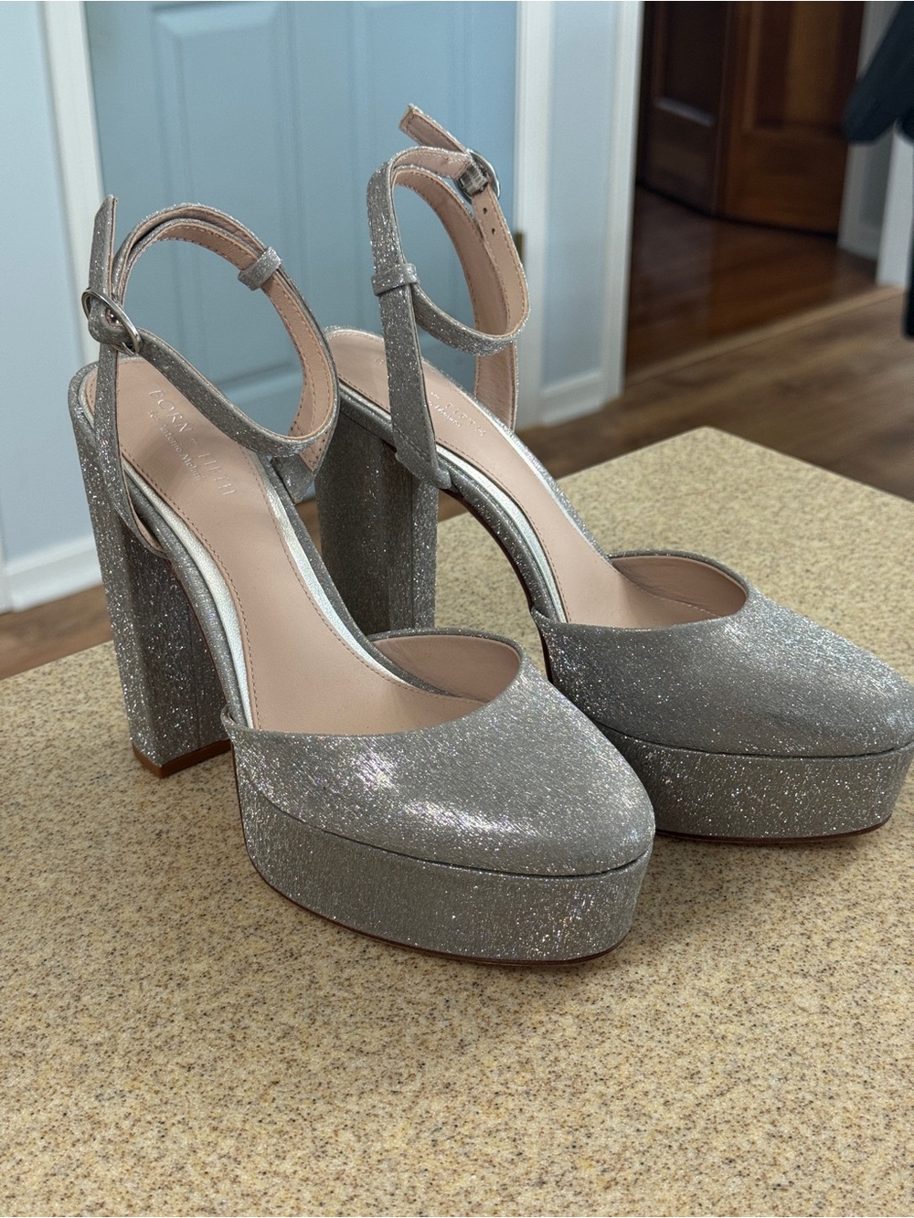 Born On Fifth Antonio Melani Silver Sparkle Platform Heels 8.5 New $129
